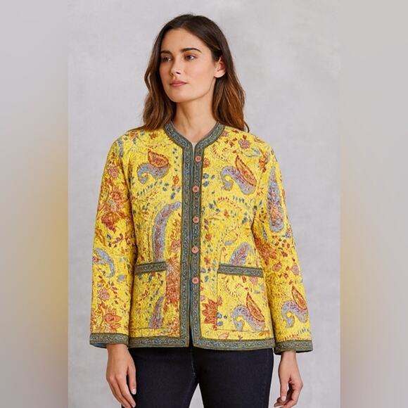 VINTAGE Reversible Quilt Stitch Cotton Jacket Yellow Paisley and Blue - Picture 3 of 7